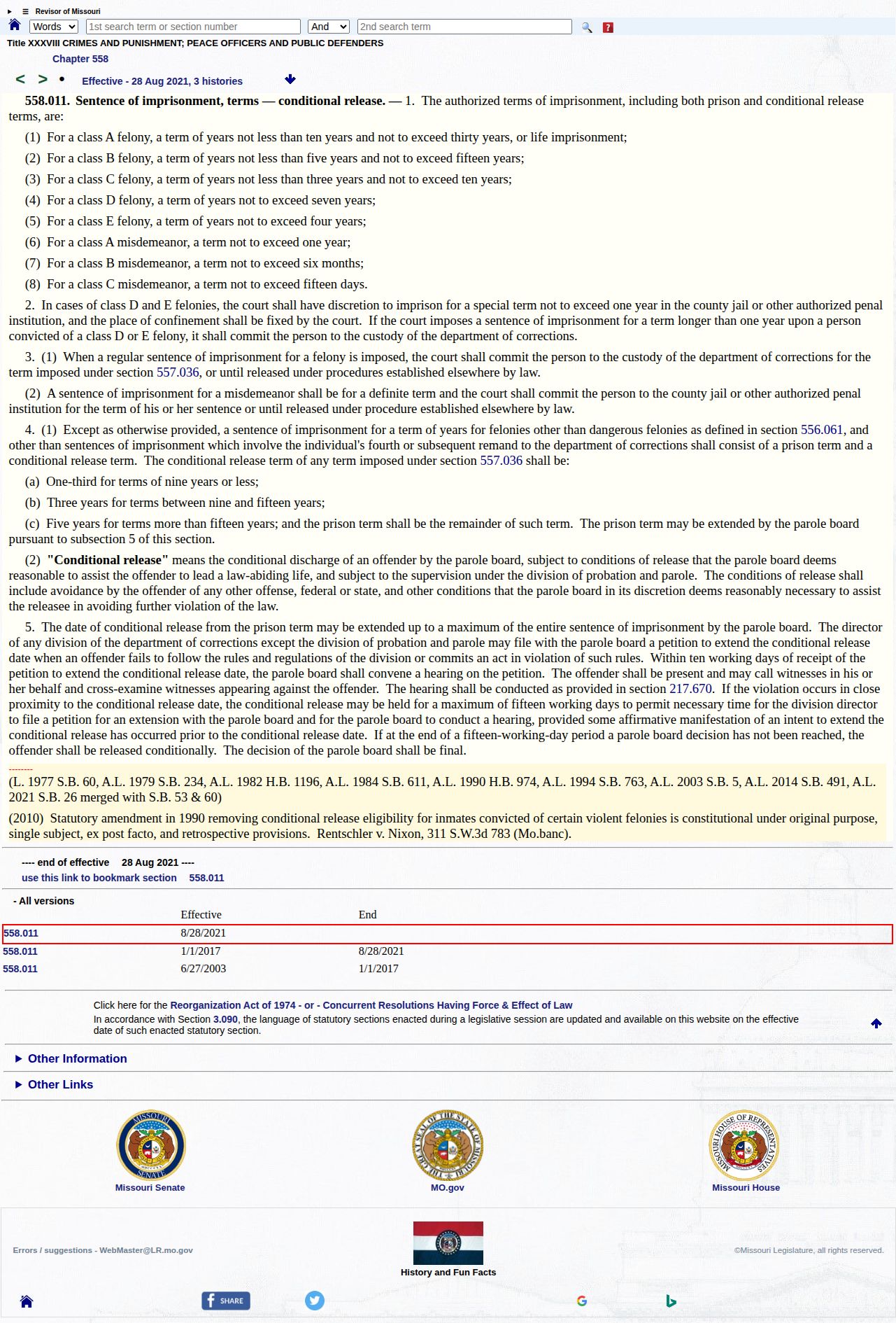 Lewis County projected release date Missouri conditional-release statute