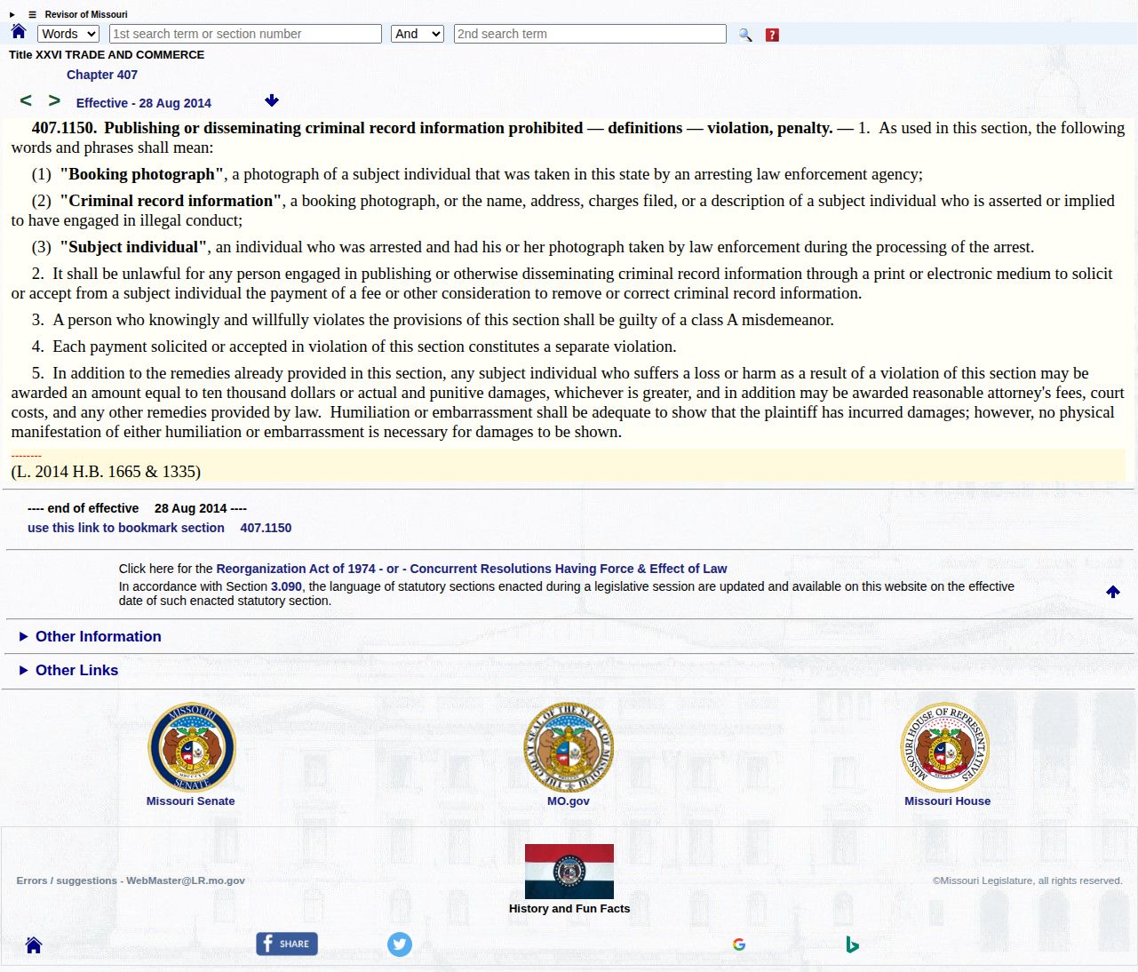 Missouri statute restricting fees to remove or correct booking photographs