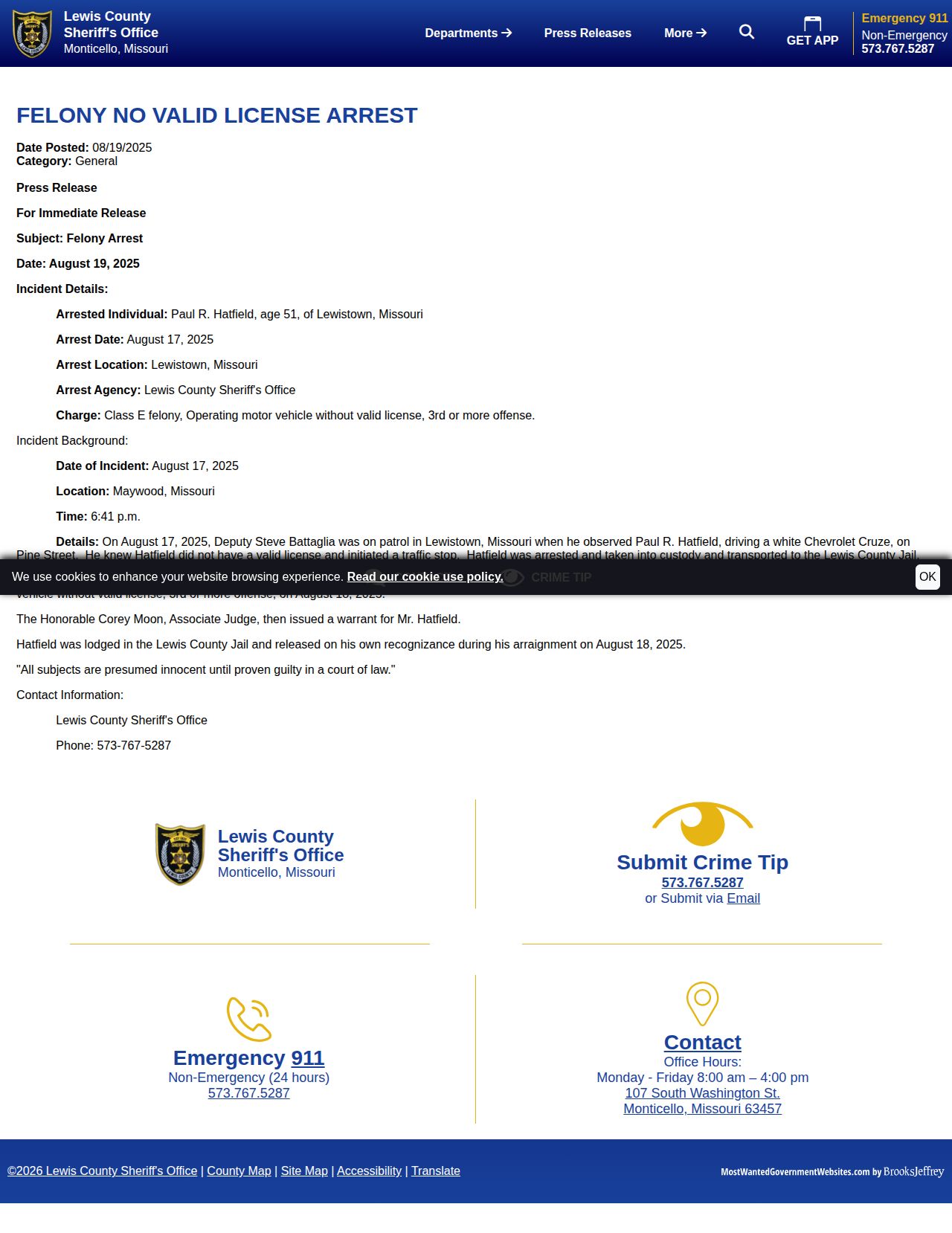 Lewis County Sheriff press release with recognizance release wording