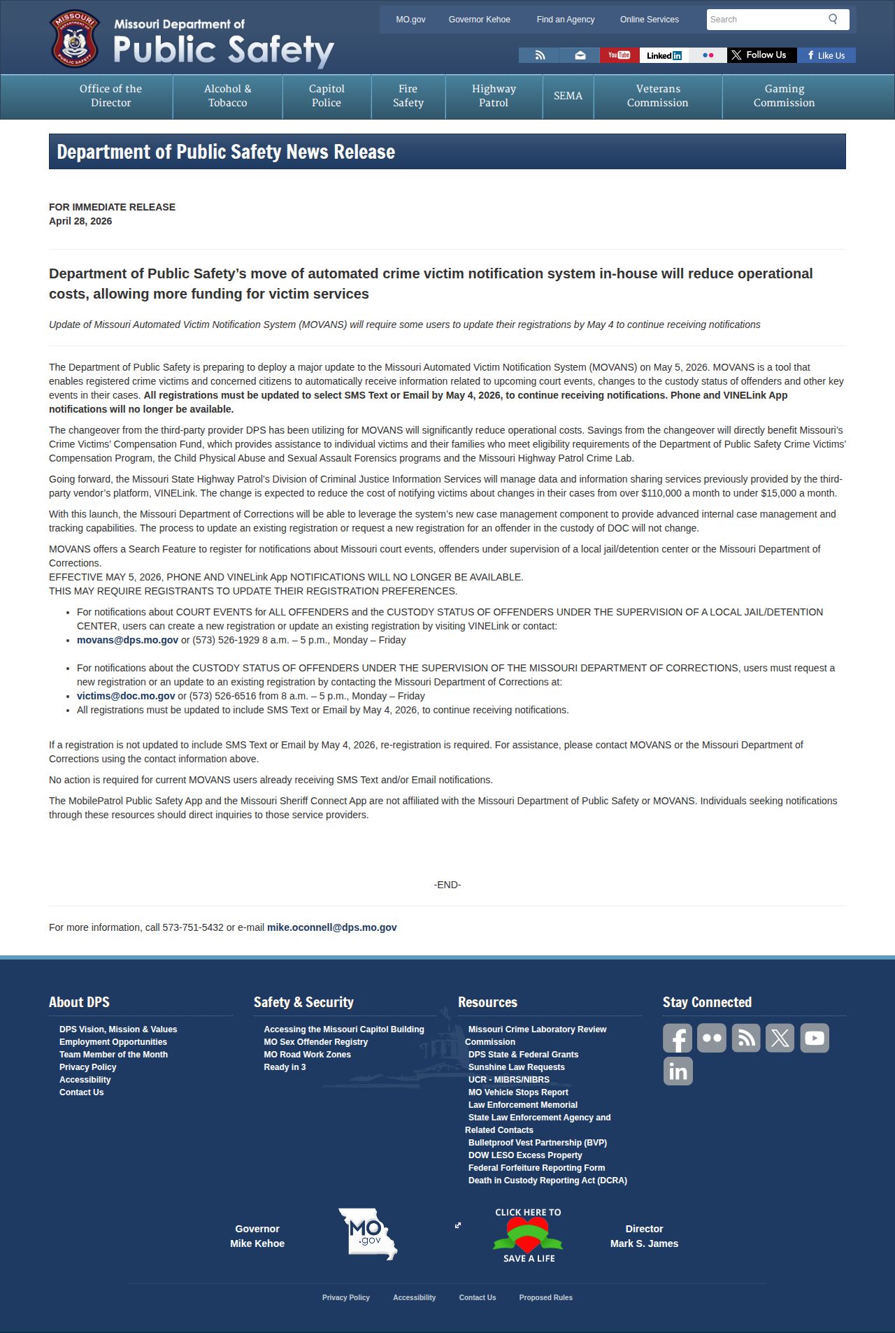 Missouri DPS notice explaining the 2026 MOVANS notification changes